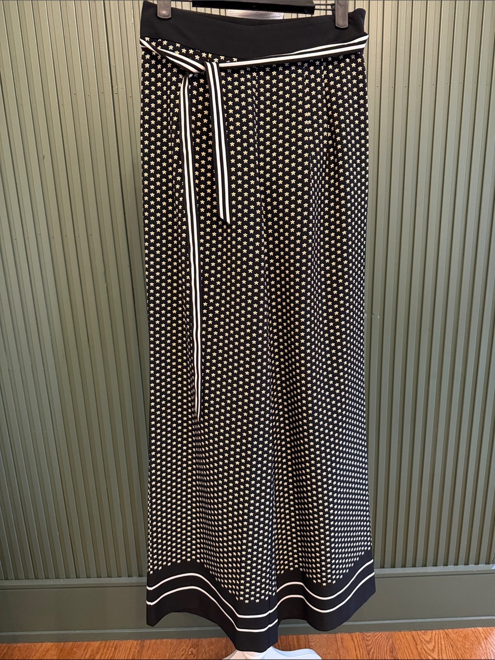 Ted Baker London Black and White Daisy-Print Maxi Pants with Striped Waist Tie